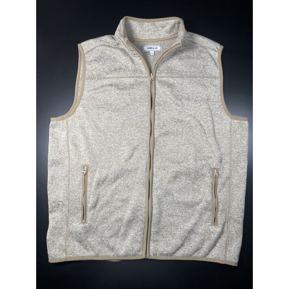 Crown & Ivy Mens Full Zip Sweater Knit Vest - Tan/Beige - Size Large